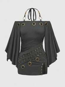ROMWE Grunge Punk Áo thun nữ tay cánh dơi dáng rộng, trễ vai, đính khoen kim loại kiểu cổ điển - Màu xám đen - Xem 1