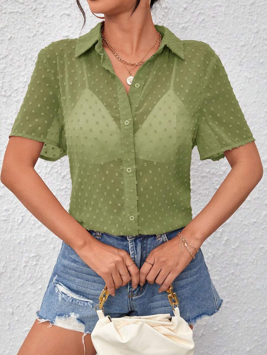 SHEIN Essnce 女士纯色短袖单排扣休闲宽松衬衫 - 綠色 - 查看 1