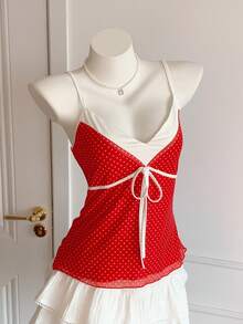 Comfortcana 女士红色撞色波点印花系带吊带背心，适合情人节和新年穿着 - 紅色 - 查看 6
