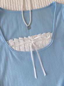 Comfortcana Women's Contrast Color Bow Decor Short Puff Sleeve Fashionable T-Shirt - Blue - View 6