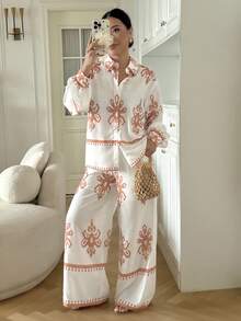 DAZY Women's Casual Retro Print Lantern Sleeve Shirt & Wide Leg Pants 2 Pieces Set, Spring/Summer - Orange - View 9