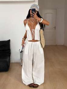 Coolane 女士春夏街头风乡村音乐会休闲复古波西米亚海滩度假装西部风基本款简约100%纯棉白色露背比基尼上衣和宽松阔腿裤带口袋家居服套装两件套 - 白色 - 查看 5