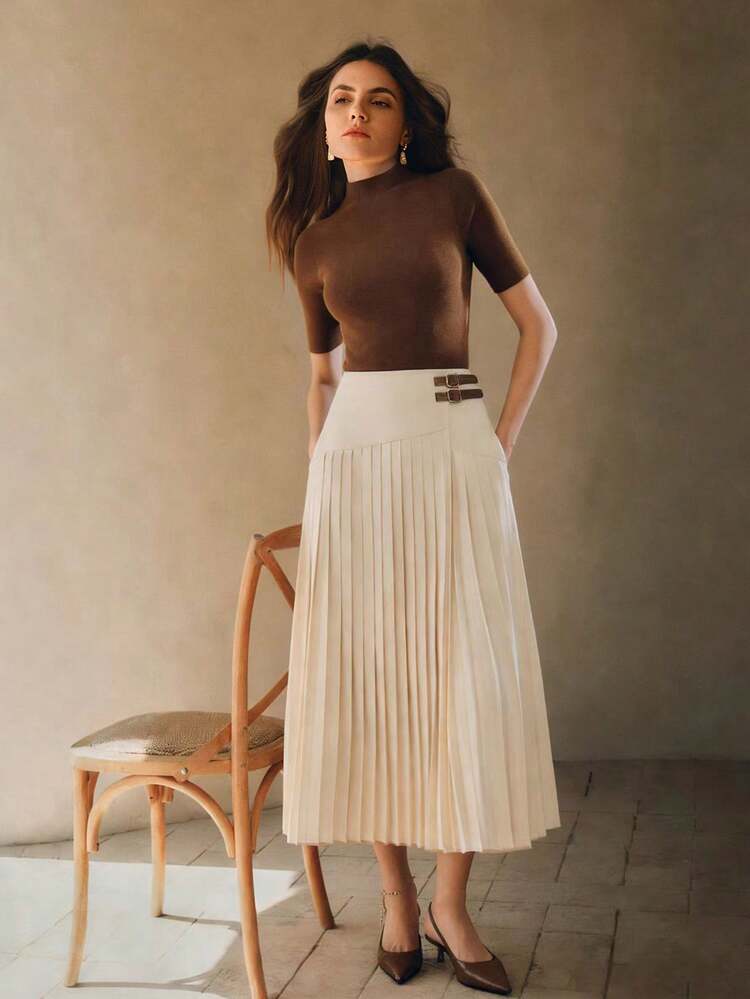 Anewsta Essential Apricot Pleated Contrast Color Elegant Everyday Casual Commute Versatile Women Skirt