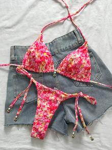 Swim Mod Women's Random Print Halter Bikini Set, Spring/Summer - Multicolor - View 4