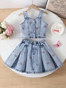Young Girls Cute Style Toddler Girls Denim Set, Spring/Summer, Light Blue Denim Color, Bow Embroidery Design, Fitted Silhouette, Denim Camisole Top Paired With Light Blue Denim Bow Embroidery A-Line Pleated Skirt, Soft And Comfortable Fabric, Suitable For School, Commute, And Daily Outings 2pcs Denim Set Toddler Girls Denim Skirt Set Girl Girl Two Pieces Dress Outfit Skirt Two Pcs Set Girl Summer Denim - Light Wash - View 4