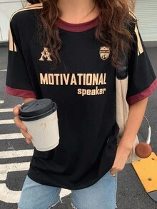 DAZY 女式复古条纹宽松休闲短袖 T 恤，夏季，图案 T 恤 - 黑色 - 查看 3