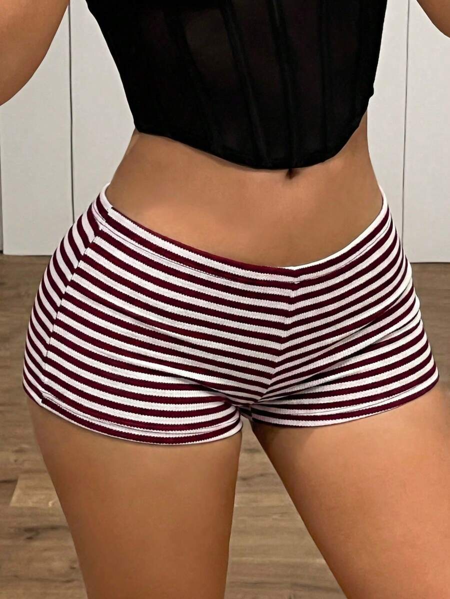SHEIN ICON 女士Y2K性感超低腰条纹超短裤 - 中紫紅色 - 查看 1