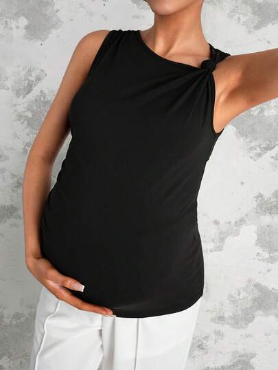 MaterniChic 孕妇休闲度假风纯色不对称领修身黑色背心，夏季