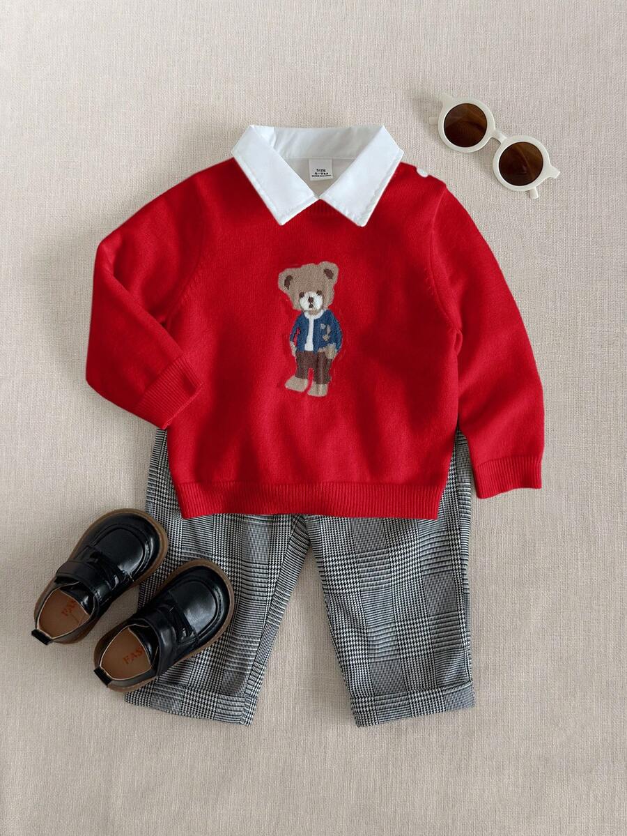 PrepCrw Red Knitwear Long Sleeve Regular Fit Baby Boys Sweater With Collar And Embroidered Bear Graphic Details,Party,Red Sweater - Red - View 1