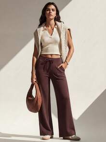 Anewsta Brown High Waist Elastic Waistband Loose Yoga Pants, Relaxed Fit Women's Workout Trousers - Coffee Brown - View 1