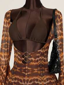 Zestiva New Leopard Print Sheer Halter Cutout Waist Metal Ring Flare Sleeve Sexy 3 PiecesSwimsuit - Multicolor - View 4
