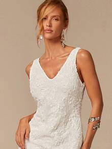 COSMINA Women's Jacquard V-Neck White Floral,Summer,Elegant,Wedding Guest Sleeveless Slit Embroidered Dress,Fashionable Date Party Wedding Season Outfit - White - View 2