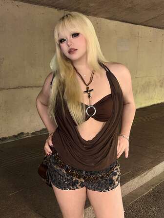 Hippie Conjunto de 2 piezas de top corto halter con escote profundo en V vintage y espalda descubierta, talla grande shorts con estampado de leopardo (incluye sujetador bandeau), para fiesta de Navidad con estilo Y2K sexy, talla grande