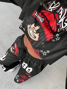 Slaydiva 大码女式休闲街头风格宽松运动两件套，适合秋冬季，火焰印花，数字印花，黑色人物印花 - 彩色 - 查看 6