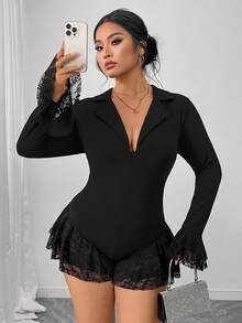 Elenzga Plus Size Elegant Solid Color Lace Patchwork Ruffle Bodysuit - Black - View 4