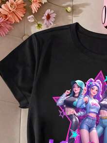 少女黑色圆领短袖印花T恤，休闲舒适时尚简约百搭卡通创意趣味明星动漫韩流风格字母印花T恤 - 黑色 - 查看 4