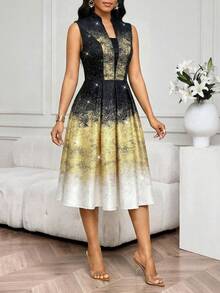 SHEIN Lady Women's Ombre Waist Cinched Elegant Mid-Length Summer Dress - Black and Gold - View 5