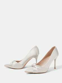 CUCCOO HITCHD Women's Fashionable Elegant Pearl White Satin Pointed Toe High Heel Pumps, Suitable For Banquet, Wedding, Commute, Date, Christmas Party Valentine's Day - Light Grey - View 3