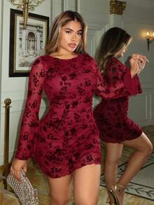 Maria Perezxox Women Elegant Vintage Mesh Flocked Flared Long Sleeve Fitted Mini Dress Fall Cloth For Women - Burgundy - View 5