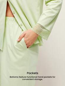 LUVLETTE Soft 100% Pure Cotton Lace Trim Button-Up Top & Pants Loungewear Pajama Set Pyjama - Mint Green - View 6