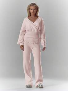 MUSERA 罗纹针织钩编细节翻折腰带阔腿裤套装（仅下装）舒适可爱休闲咖啡俱乐部优雅晚宴派对 - 淺粉色 - 查看 5