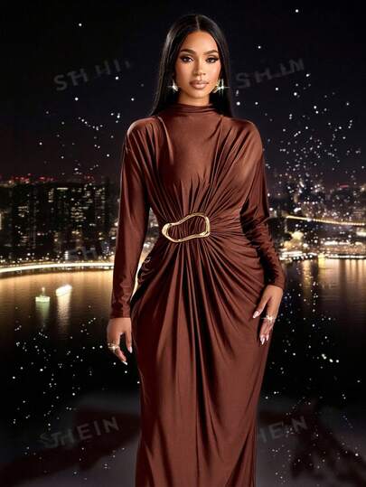 SOLERSUN 女士优雅假日纯色长袖金属装饰紧身连衣裙长款女装度假浪漫婚礼宾客毕业舞会节日