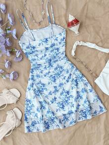 SHEIN Tween Girl Blue & White Floral Print Ruched Cami Dress,Vacation/Holiday - Blue and White - View 2
