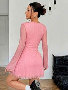 SHEIN EZwear 粉色针织网纱迷你连衣裙（女款） - 粉色 - 查看 2