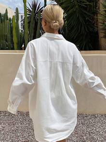 DAZY Women's Loose Lapel Striped Design Versatile Shirt, Blue, Spring/Summer/Autumn,Fall Women Clothes Long Sleeve Top - White - View 2