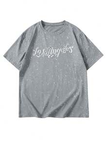 Claim Dot Men's Casual Round Neck Short Sleeve T-Shirt With Silver Foil Letter Print - Grey - View 2
