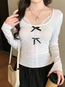 FRIFUL Áo thun dài tay ôm dáng, gân sọc, cổ tròn, phối ren và nơ dành cho nữ - trắng - Xem 7