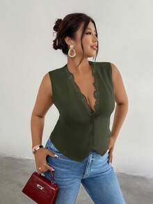 Firerie Plus Size Women Summer Solid Color Lace Splicing Deep V-Neck Fitted Vest Jacket In Fall/Winter - Green - View 5