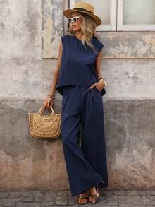 Brillora 女士度假休闲纯色背心和阔腿裤两件套，100%纯棉两件套，棉质套装，波西米亚风，波西米亚风格，女士休闲套装，夏季度假装，返校装；简约套装；女士乡村风服装；办公装；复古风；教师装；约会装；毕业季；春夏休闲两件套；度假，女士两件套休闲套装，女士阔腿裤，女士夏季裤装套装，藏蓝色上衣和裤子，女士休闲装，藏蓝色女士裤装套装 - 藏蓝色 - 查看 2