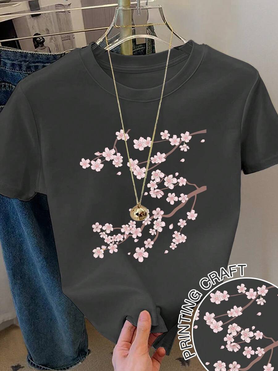 Resyla 大码女式树枝印花圆领短袖休闲百搭T恤 - 深灰色 - 查看 1