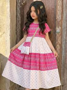 SHEIN Tween Girl Retro Print Color Block Round Neck Short Sleeve A-Line Midi Dress - Hot Pink - View 1