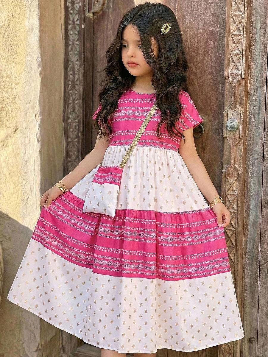 SHEIN Tween Girl Retro Print Color Block Round Neck Short Sleeve A-Line Midi Dress - Hot Pink - View 1