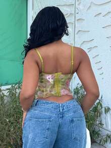 Alexandranx Spring/Summer Solid Green & Pink Flower Printed Sheer Lace Cami Bralette, Elegant Bralette, Beach Holiday Bralette, Sexy Elegant Cami Top, Women Cami Bra Top - Green - View 2