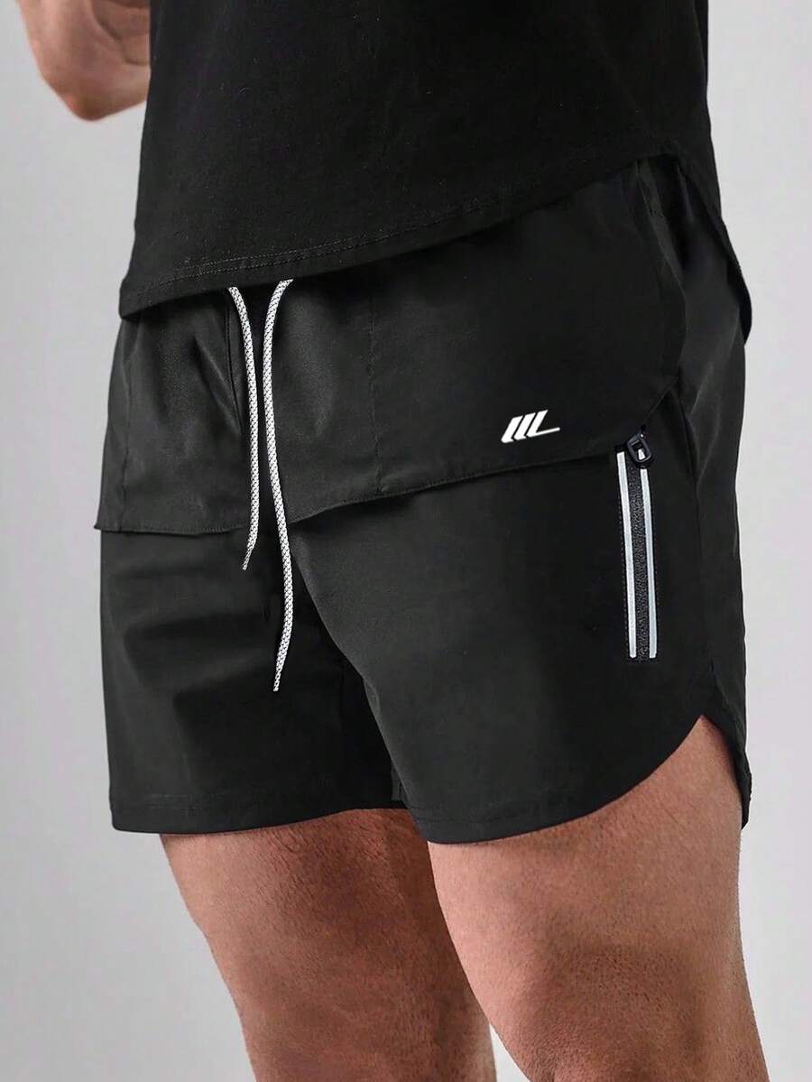 Manfinity Sport Corelite 男士夏季休闲抽绳腰斜插口袋透气运动短裤 - 黑色 - 查看 1