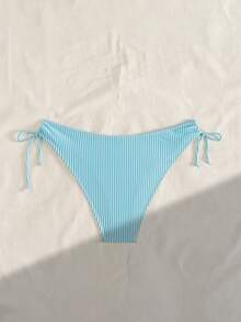 Swim Mod Women's Random Print Blue & White Striped Drawstring Bikini Bottom, Casual Beach Vacation Summer - Blue and White - View 8