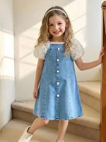 SHEIN Elladie kids 女童优雅蝴蝶结装饰连衣裙，白色和蓝色，休闲户外度假沙滩裙 - 藍色 - 查看 3