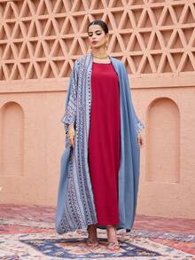 SHEIN Najma Printed Patchwork Hook Closure Long Sleeve Flared Women's Abaya - Blue - View 5
