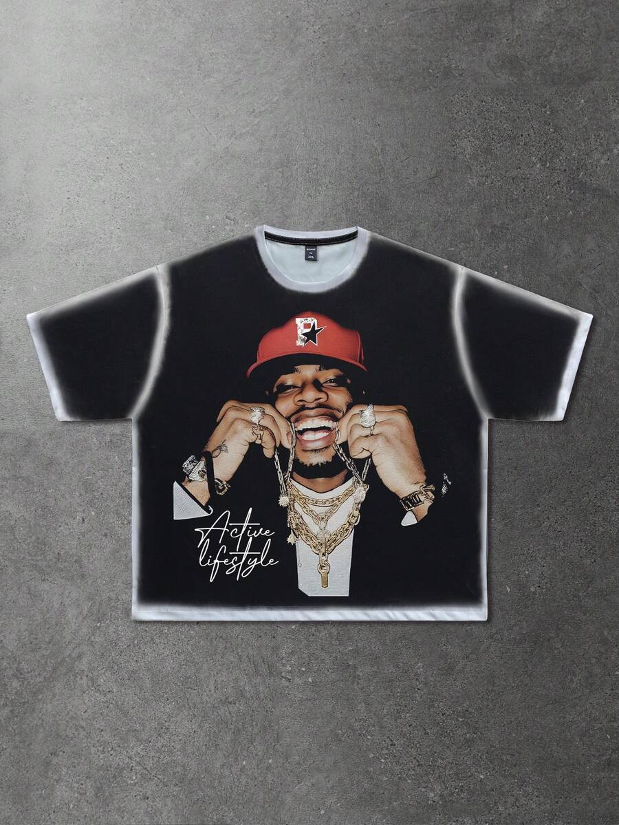 ROMWE MEN Street Life Men's Casual Street American Hip Hop Portrait Short Sleeve T-Shirt - Black - View 1