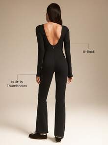 GLOWMODE FeatherFit™-Air Sunproof Flare Free Lightweight Square Neck Open U Back Long Sleeve Flare Leg Bodysuit With Thumbholes Low Impact Daily Casual Wear Removable Cups - Black - View 5