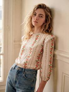 Écloséra New Arrival French Minimalist Pure Cotton Elegant Floral Print Ruffle Trim Loose Casual Women Blouse - Orange - View 1