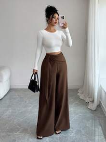 Elenzga petite Quần nữ dáng ống loe, chất liệu vải chéo dệt kim, khóa kéo bên hông, kiểu dáng thường ngày, thanh lịch, thích hợp cho mùa xuân/thu. - màu nâu - Xem 7