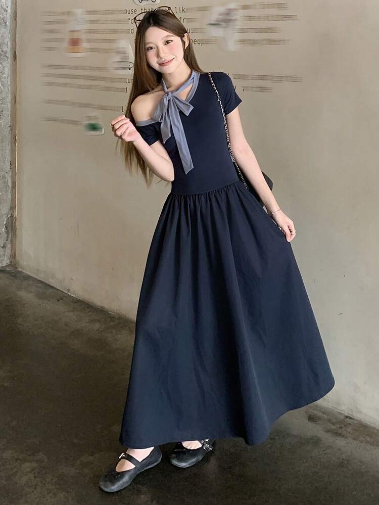 Women's Oblique Shoulder Korean Style Elegant Comfortable Bow Tie Midi Dress Sundress