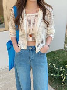 DAZY Women's Ivory Hollow-Out Knitted Cardigan & Vest 2 Pieces Set, French Minimalist Style, New Autumn Collection - White - View 1