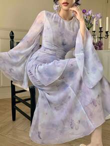 DAZY Women's Elegant Floral Butterfly Ruffle Flare Sleeve Mid-Length Dress, Spring/Summer Wedding Guest Dress Sundress - Pink - View 1