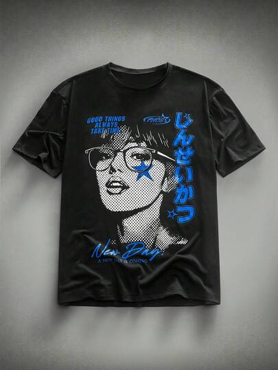 HIMLAND Vintage Apple Tree Branch Print Drop Shoulder Tee Men Loose Fit Graphic Shirt