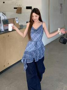 DAZY Women's Korean Style Delicate Summer Plaid Ruffle Hem Asymmetrical Strap Sleeveless Camisole - Blue - View 5